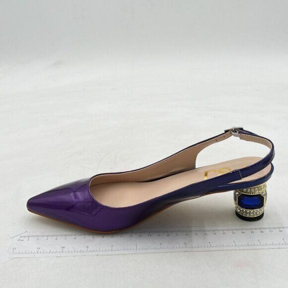 FSJ Purple Pointed Toe Slingback Wedding Pumps Chunky Low Heel Rhinestone Sandal - Picture 2 of 8